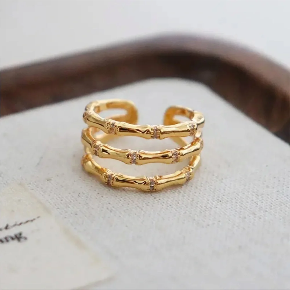 Gold Plated 14K Silver Bamboo CZ Adjustable Ring • NWT